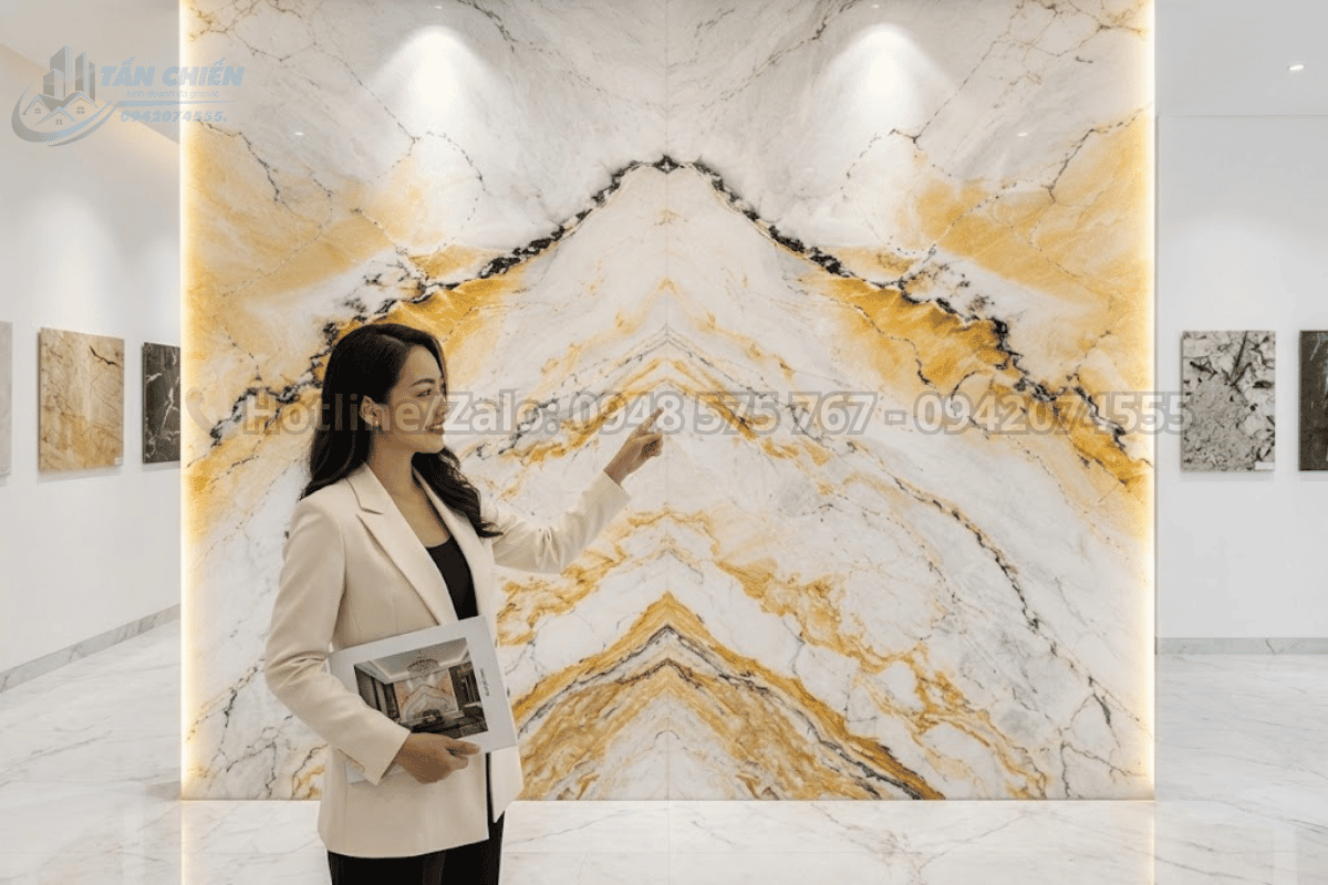 Tranh đá thạch anh tự nhiên vân vàng trắng ốp phòng khách cao cấp