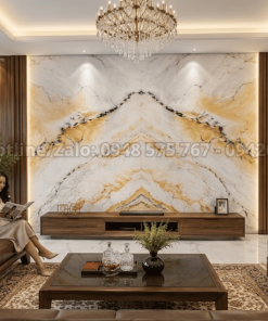 Tranh đá thạch anh tự nhiên vân vàng trắng ốp phòng khách cao cấp