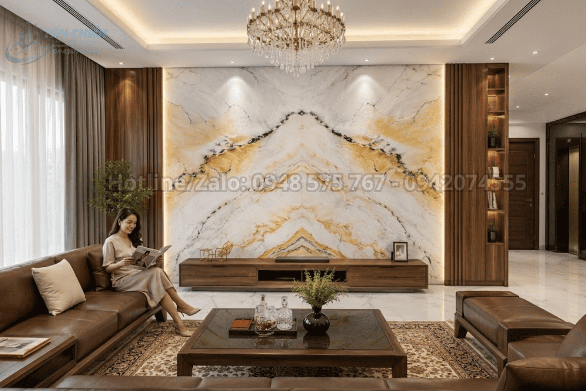 Tranh đá thạch anh tự nhiên vân vàng trắng ốp phòng khách cao cấp