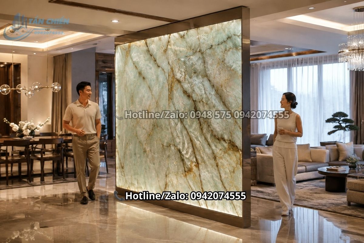 Cận cảnh vẻ đẹp huyền ảo của mẫu tranh đá thạch anh xuyên sáng màu xanh ngọc bích