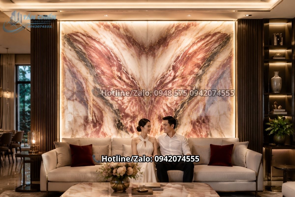 Mẫu tranh đá thạch anh xuyên sáng đối xứng hình cánh bướm nghệ thuật sau sofa