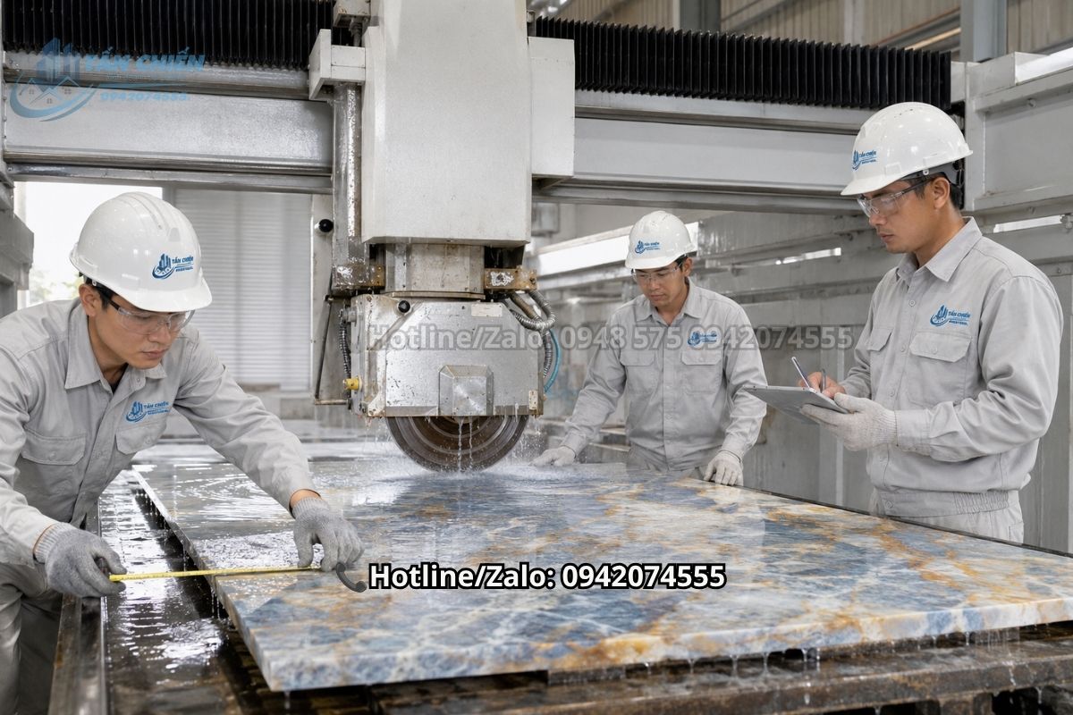 Quá trình gia công cắt ghép mặt tranh đá thạch anh bằng máy CNC tại xưởng