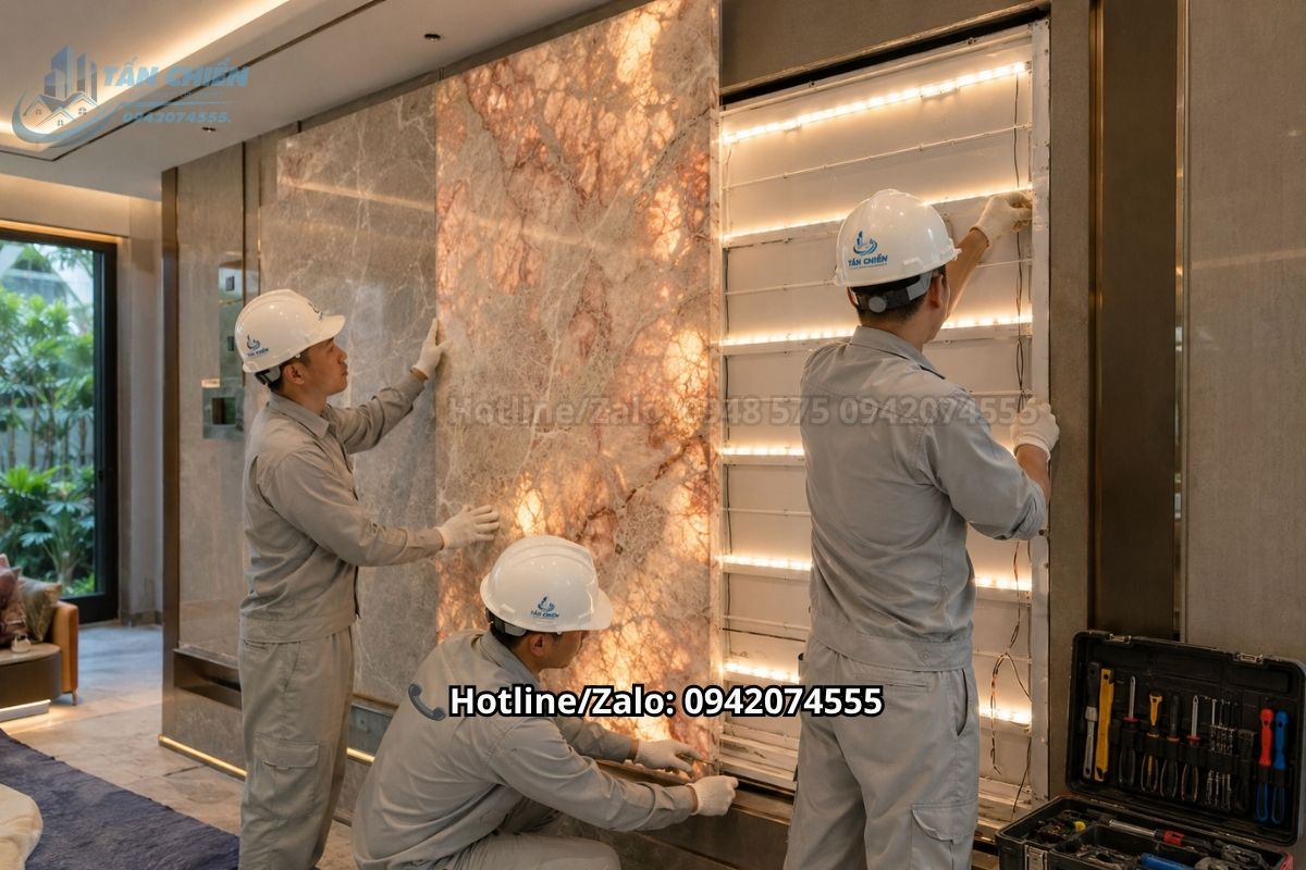 Đội ngũ thợ tỉ mỉ lắp đặt hệ thống đèn LED tản đều cho tranh đá thạch anh xuyên sáng