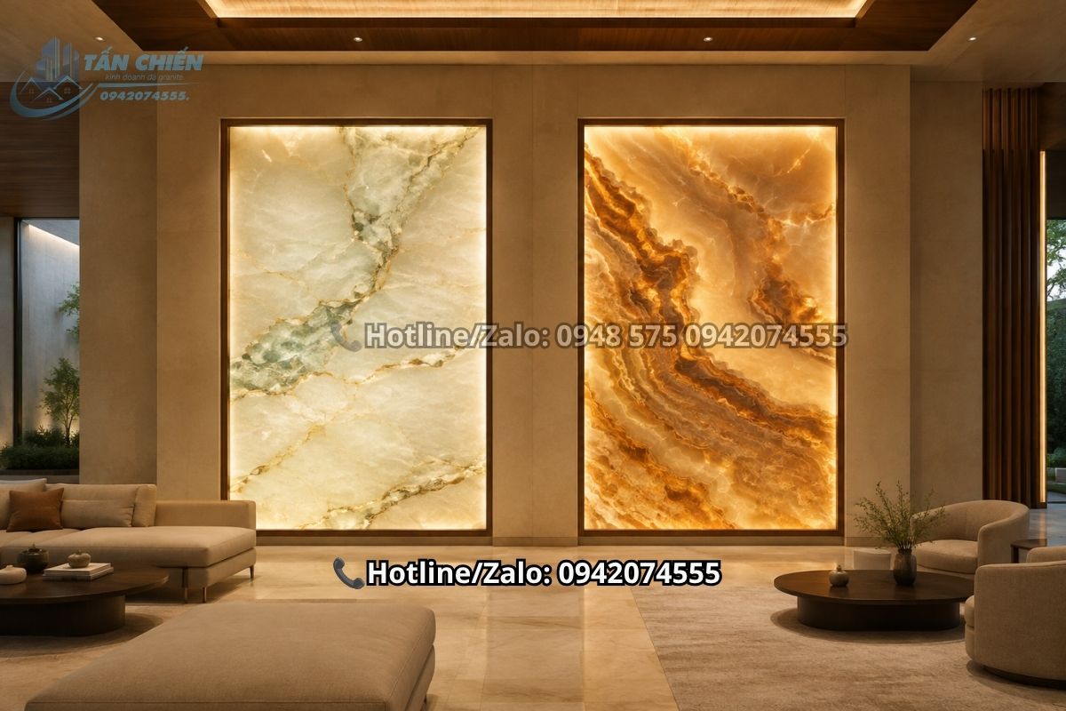 Sự kết hợp hài hòa giữa tranh đá thạch anh xuyên sáng và tranh Onyx tự nhiên