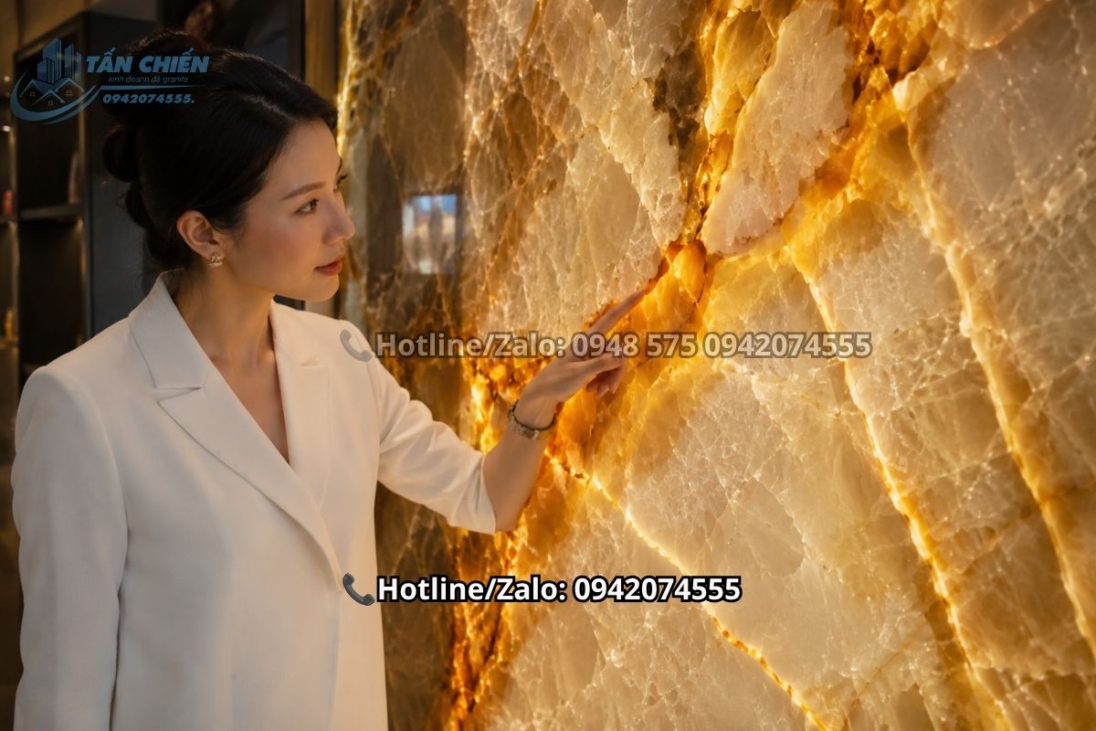 Chi tiết đường vân rực rỡ và hiệu ứng thấu quang của mẫu tranh đá thạch anh xuyên sáng tông vàng