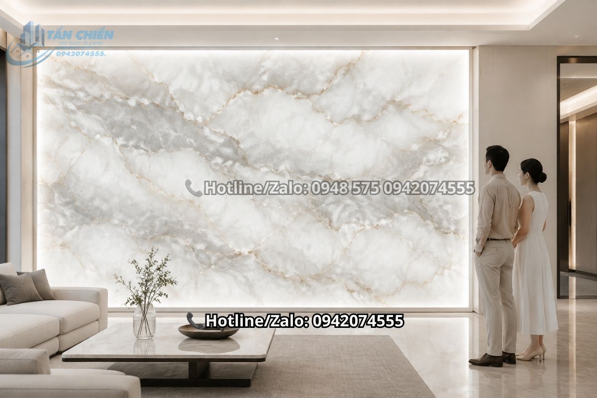 Mẫu tranh đá thạch anh xuyên sáng trắng vân mây mang nét đẹp thanh lịch, hiện đại