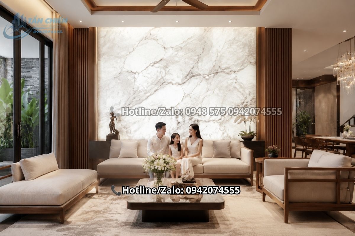 Không gian phòng khách bừng sáng nhờ vách tranh đá thạch anh xuyên sáng màu trắng