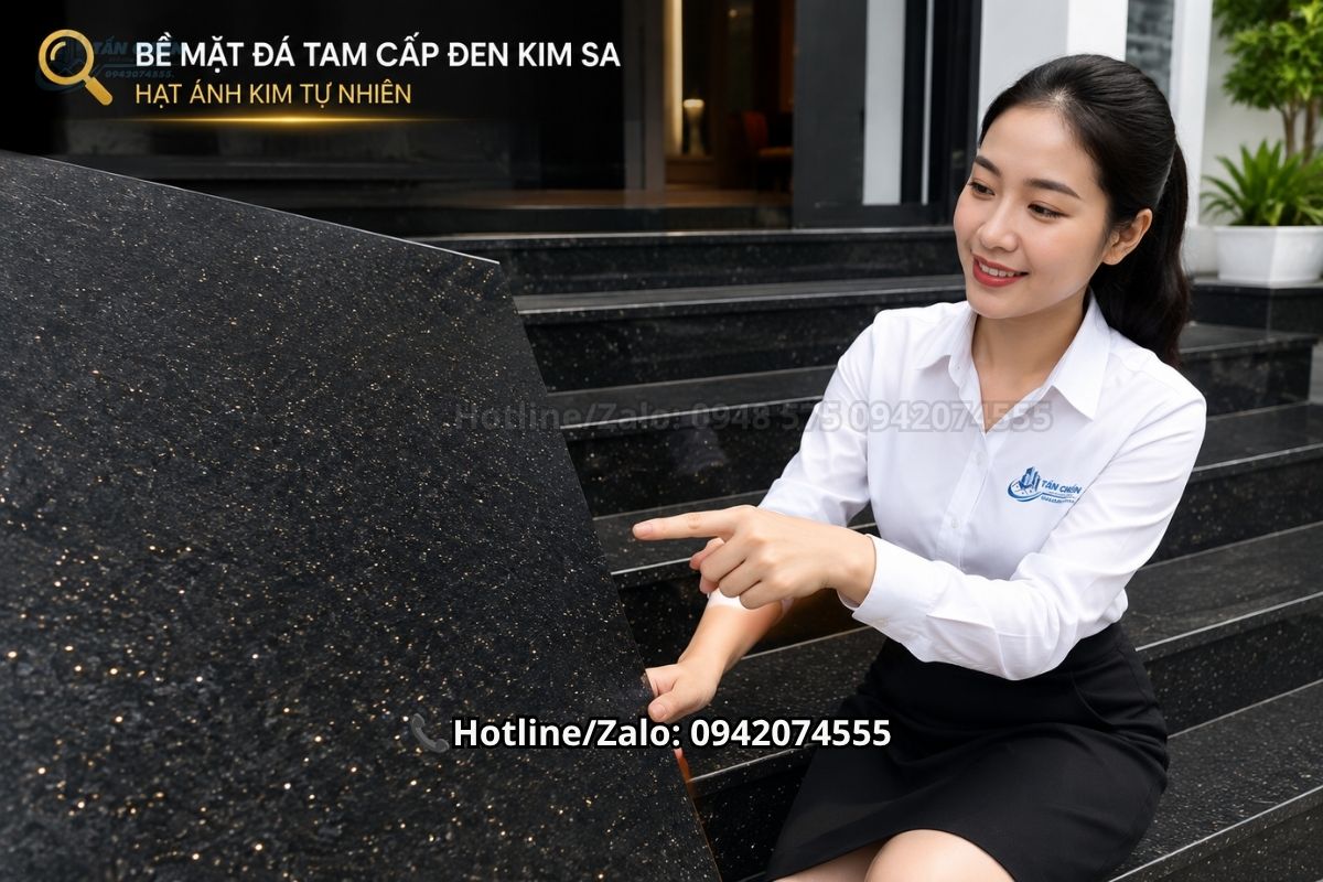 Bề mặt đá tam cấp đen Kim Sa có hạt ánh kim tự nhiên