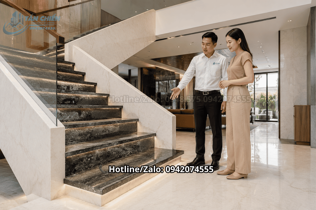 Cầu thang sử dụng đá thạch anh và đá granite