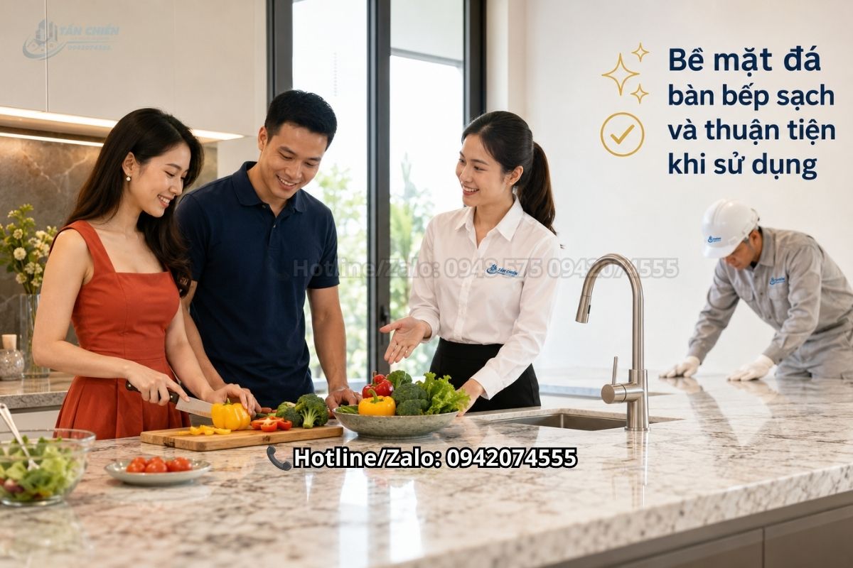 Bề mặt đá bàn bếp sạch và thuận tiện khi sử dụng