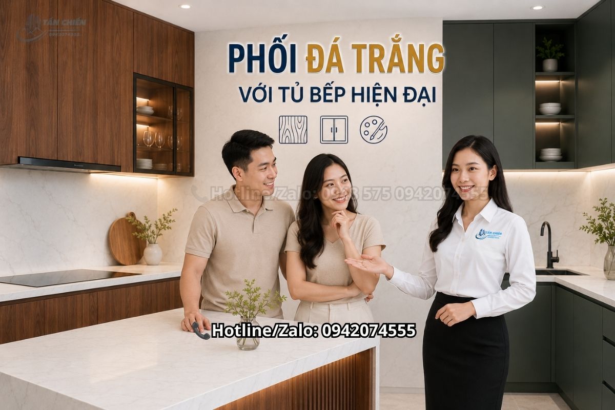 Mặt đá trắng phối cùng nhiều màu tủ bếp