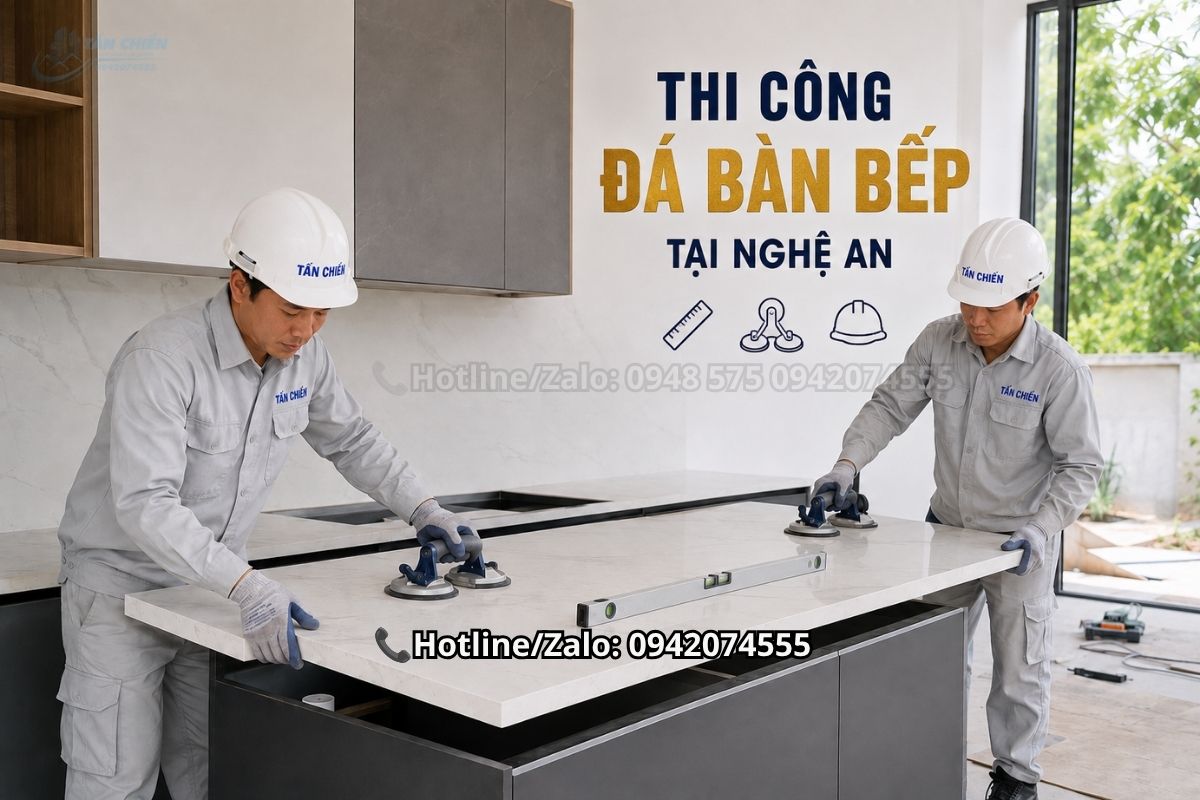Nhân viên thi công mặt đá trắng tại Nghệ An