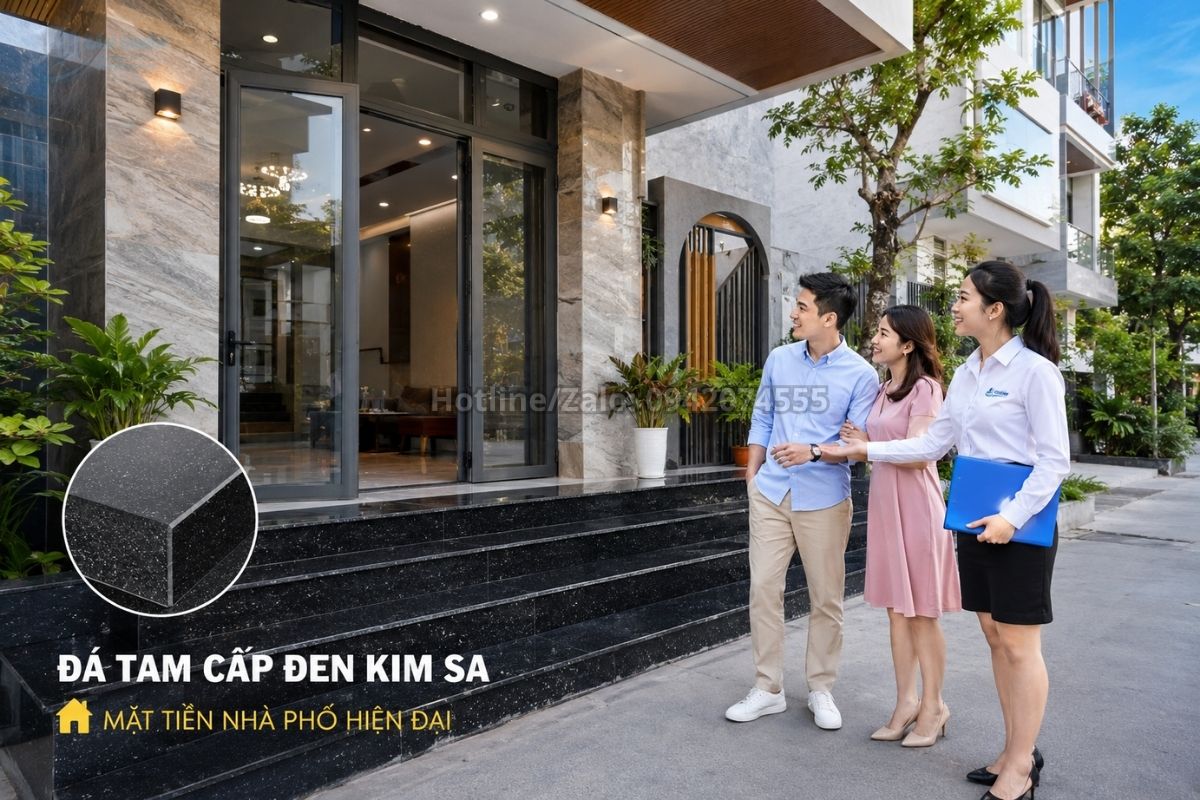 Đá tam cấp đen Kim Sa ốp mặt tiền nhà phố hiện đại