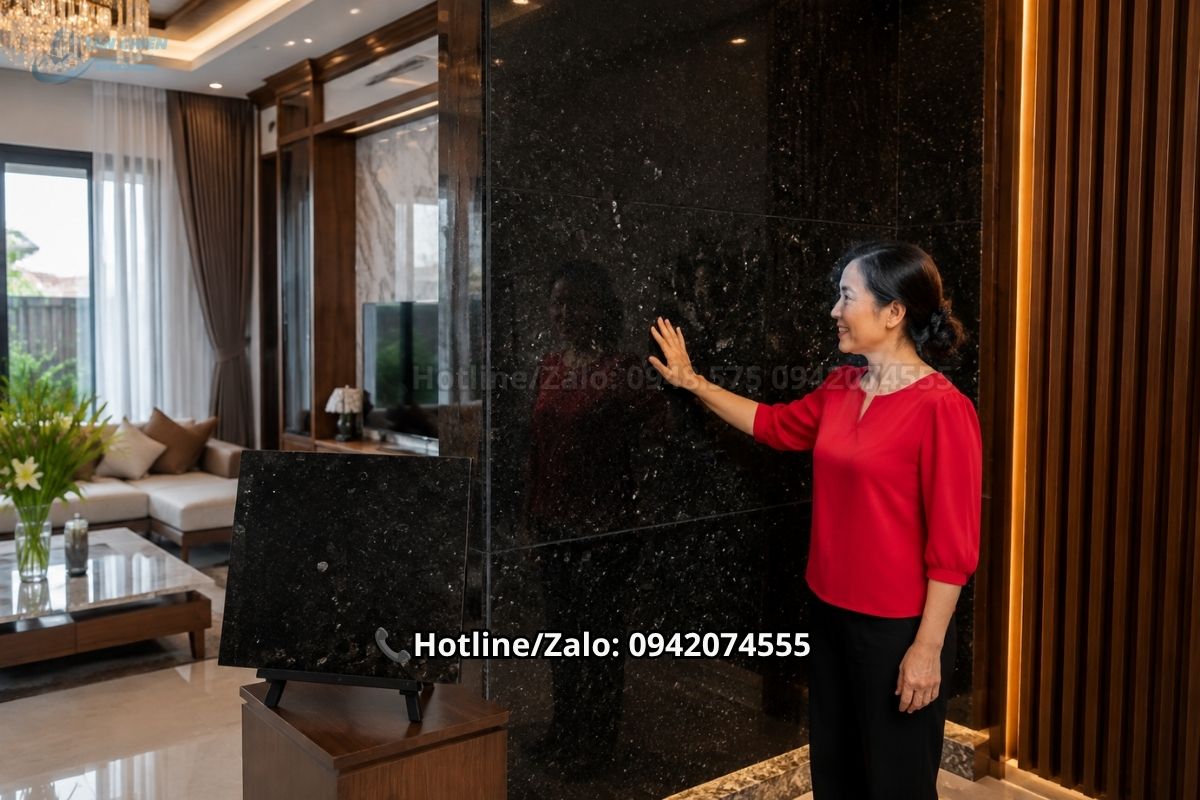 Đá granite đen ốp tường phòng khách sang trọng