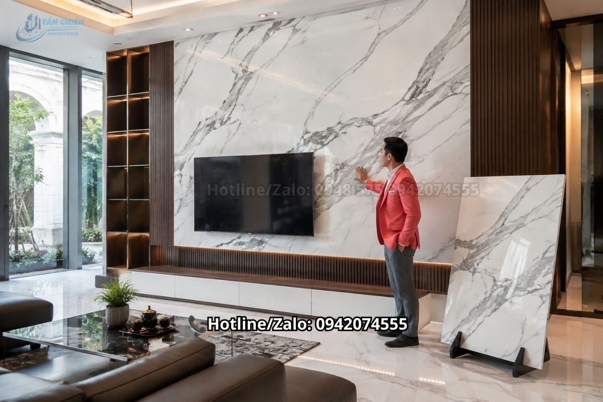 Đá marble Statuario ốp tường phòng khách cao cấp