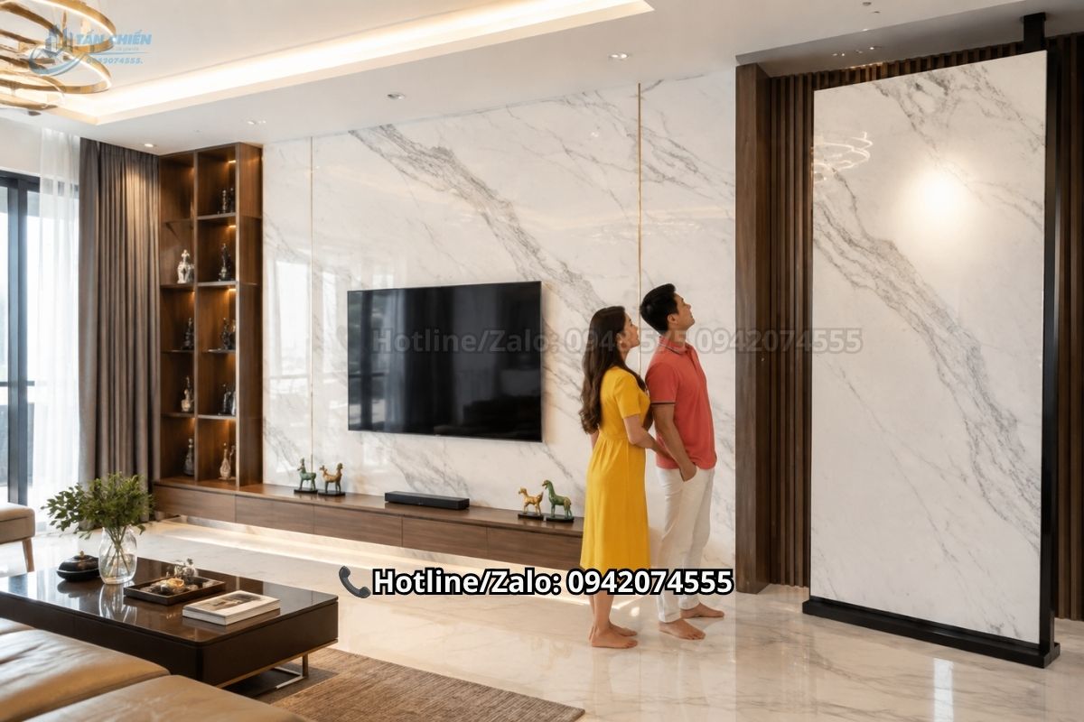 Đá marble trắng vân mây ốp tường phòng khách sang trọng