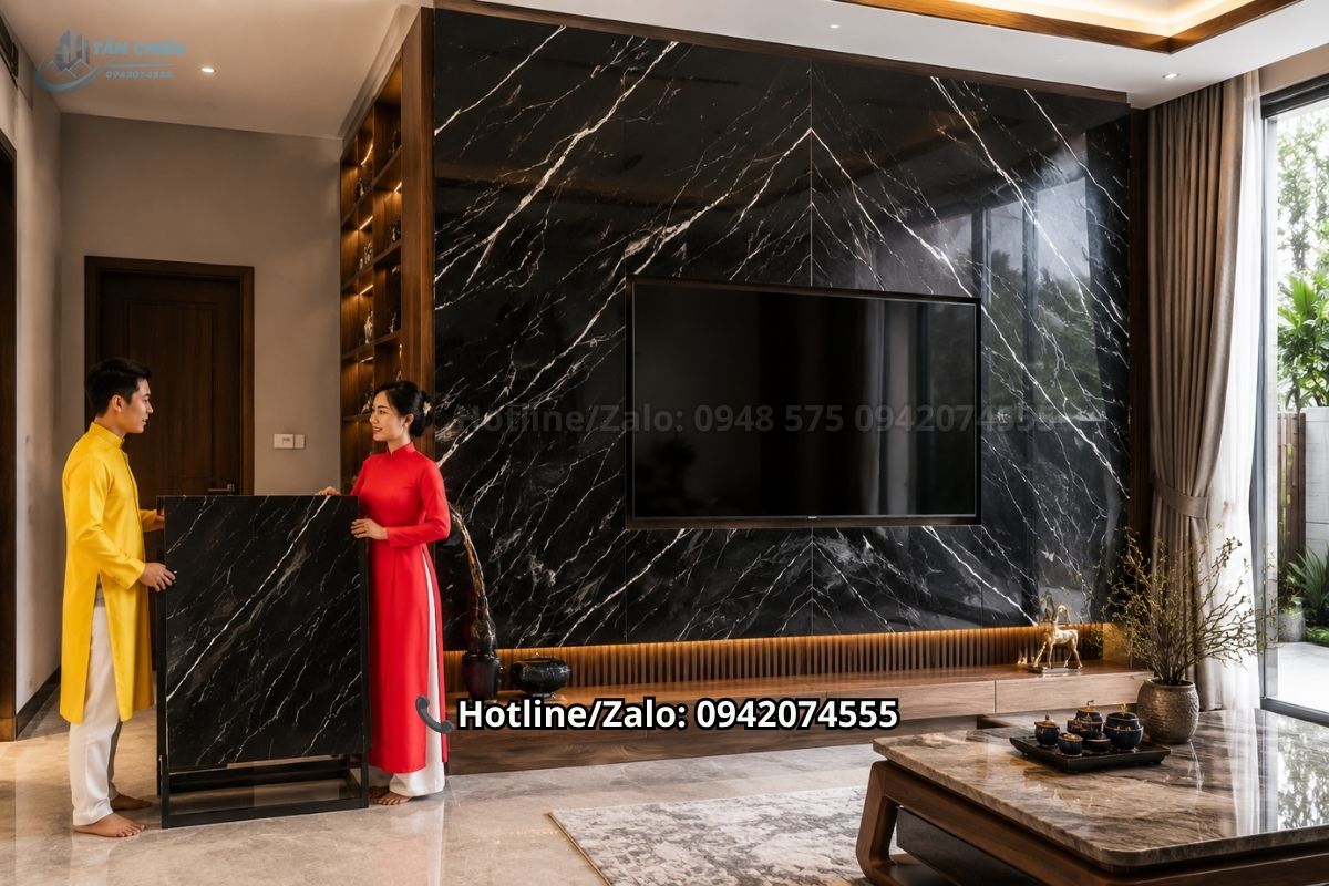 Đá Nero Marquina ốp tường vách tivi cao cấp