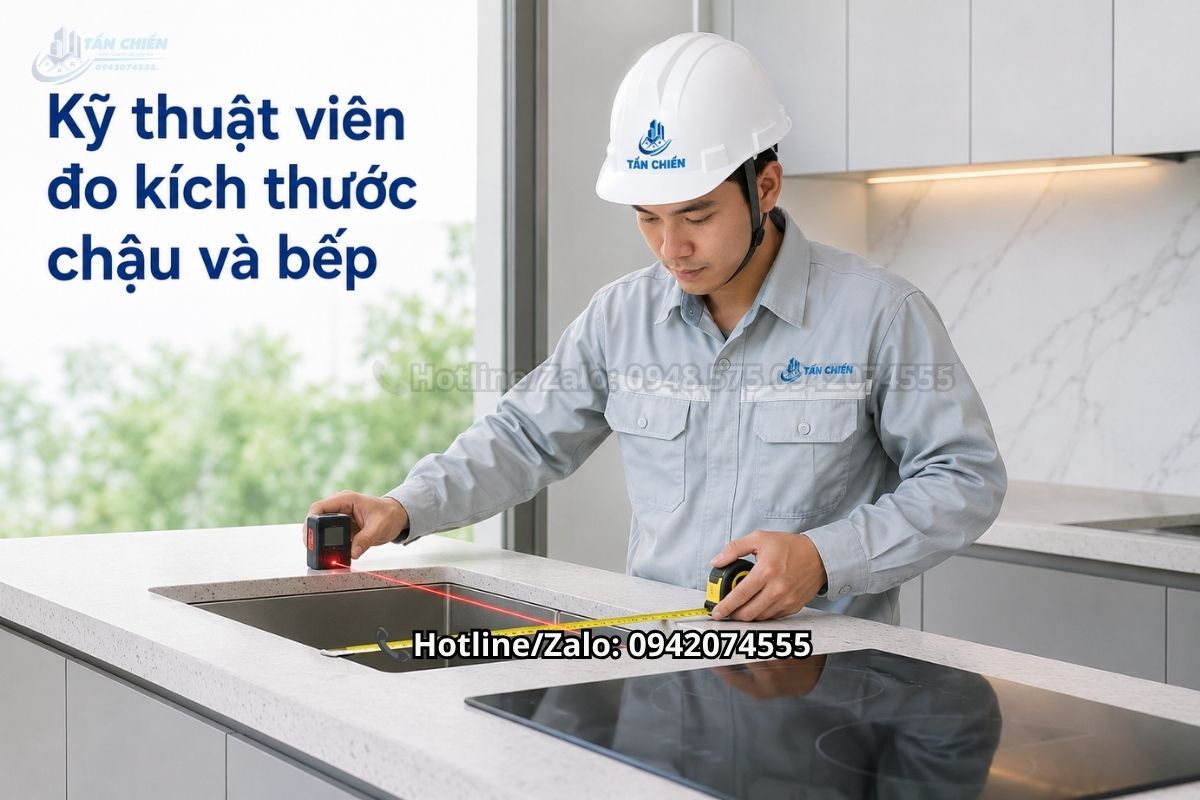 Đo kích thước thiết bị trước khi gia công đá nung kết bàn bếp