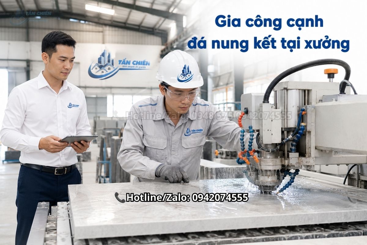 Gia công cạnh đá nung kết bàn bếp theo kích thước