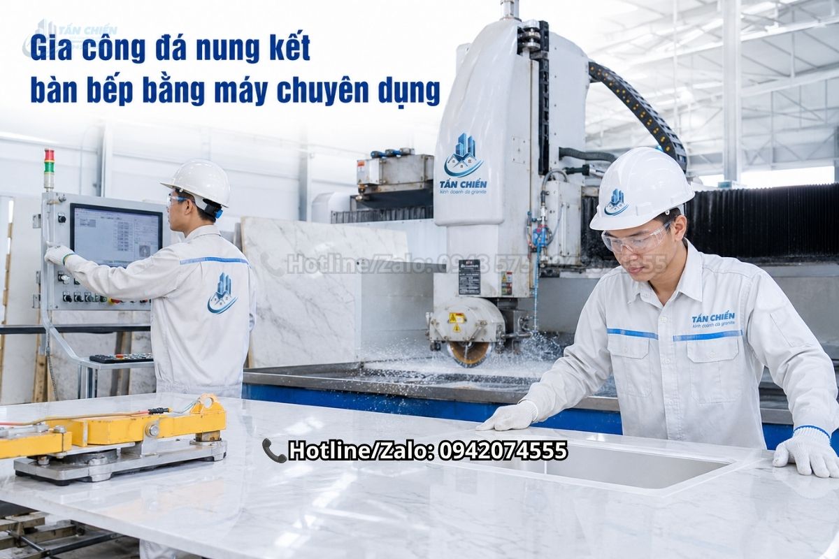 Gia công đá nung kết bàn bếp bằng máy chuyên dụng