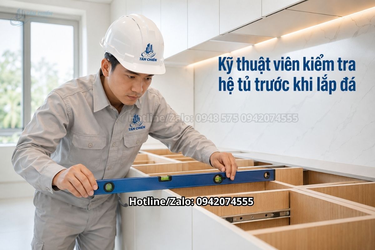 Kiểm tra hệ tủ trước khi thi công đá nung kết bàn bếp