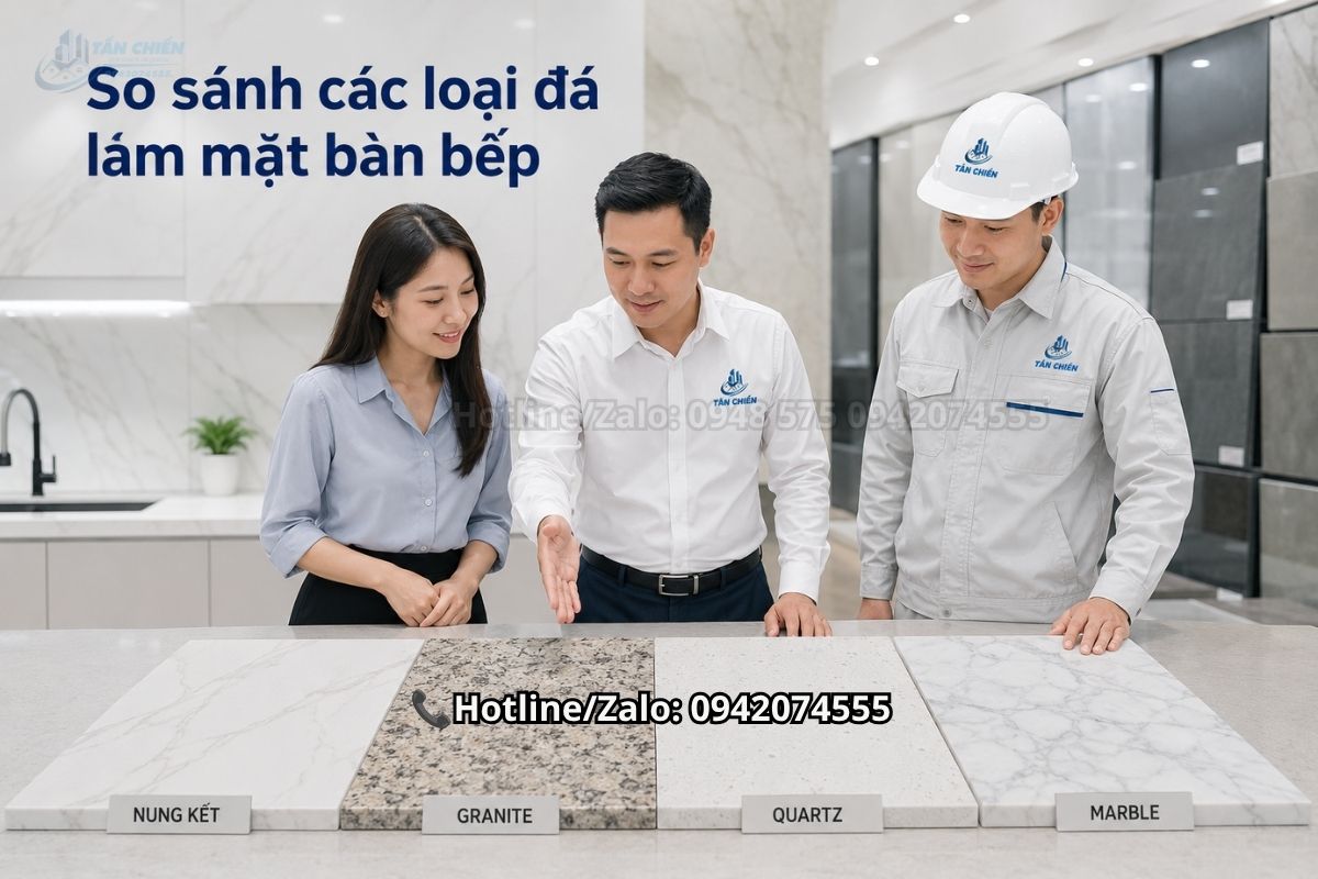 So sánh đá nung kết bàn bếp với granite quartz và marble