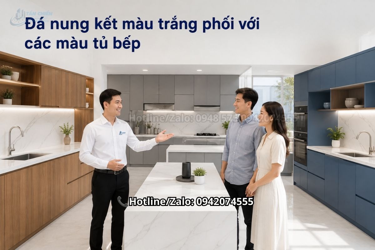 Phối đá nung kết bàn bếp với tủ bếp hiện đại