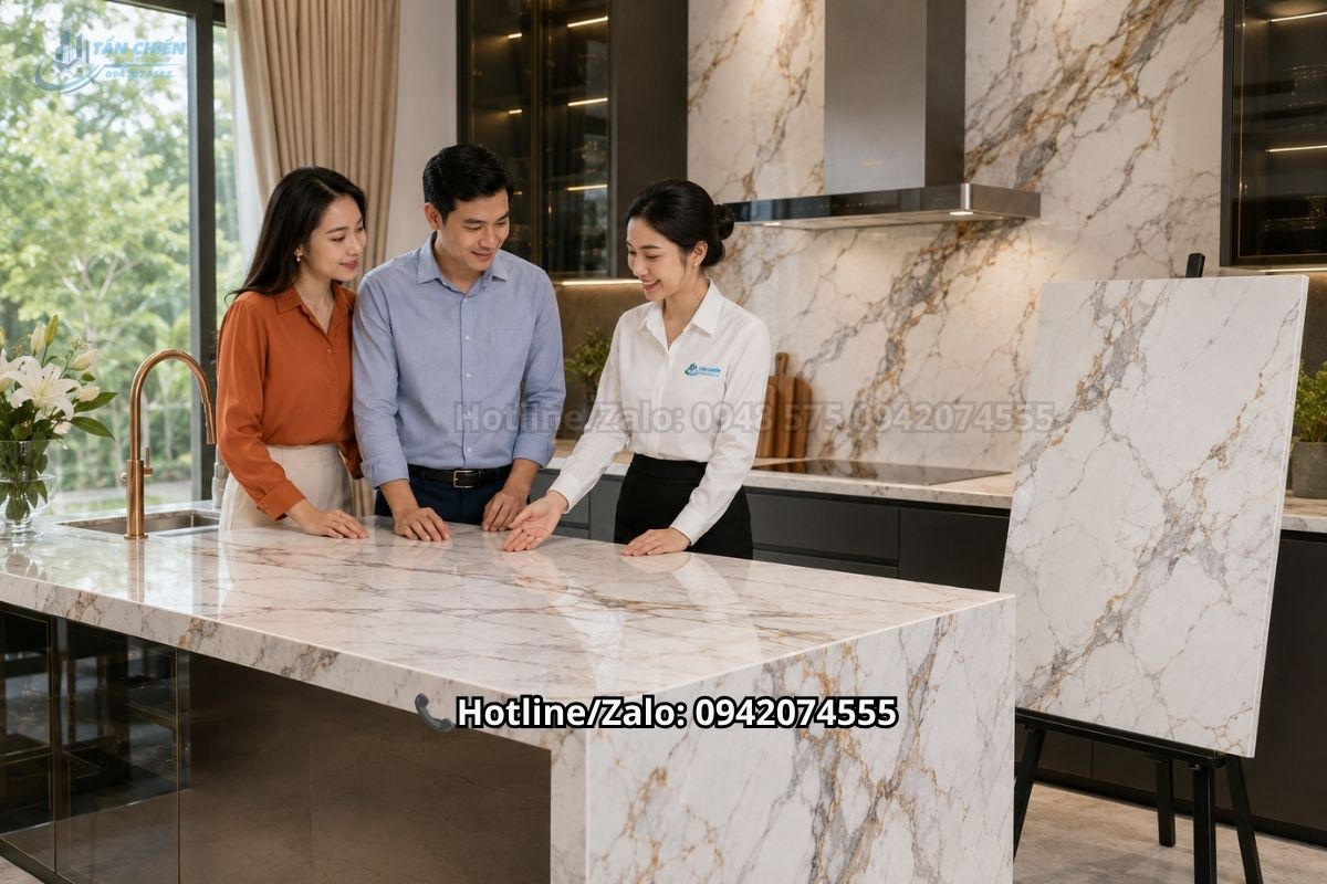Đá nung kết ốp bàn bếp vân marble sang trọng