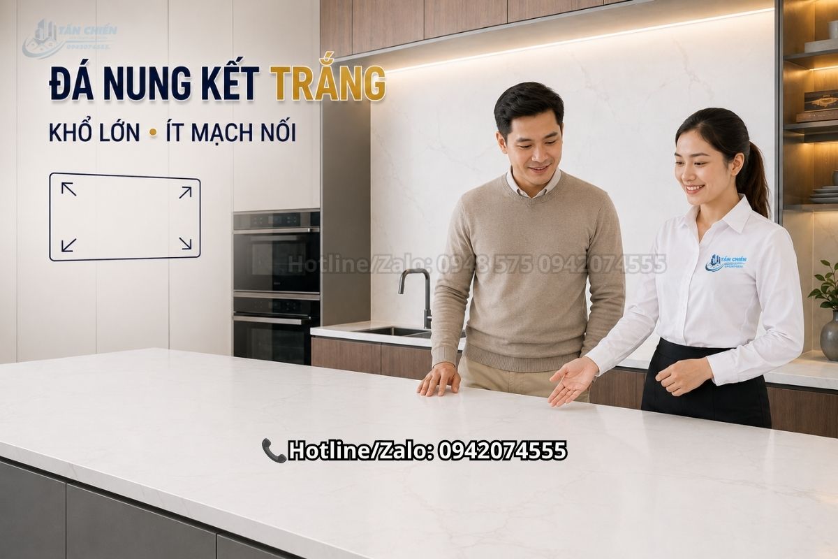 Đá bàn bếp màu trắng bằng đá nung kết khổ lớn