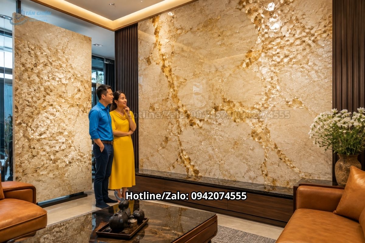 Đá thạch anh vàng kim ốp tường sang trọng