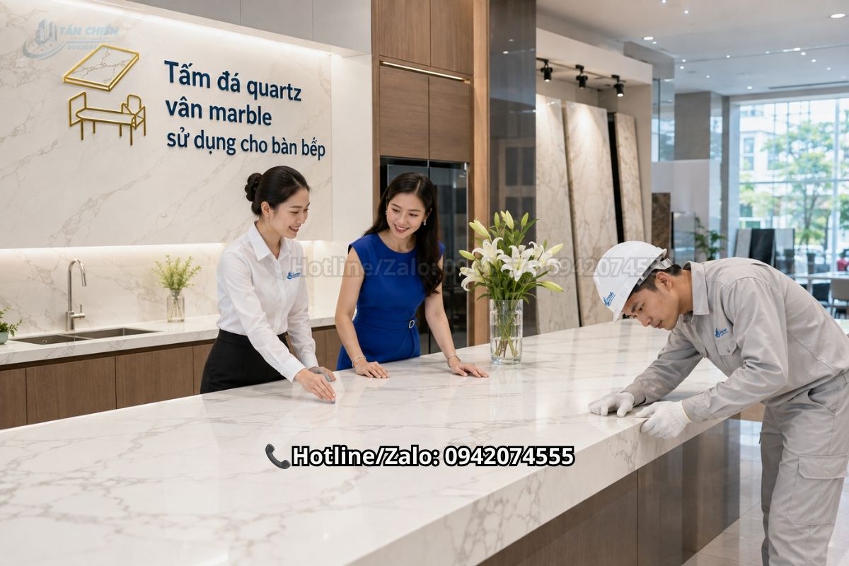 Tấm đá quartz vân marble sử dụng cho bàn bếp