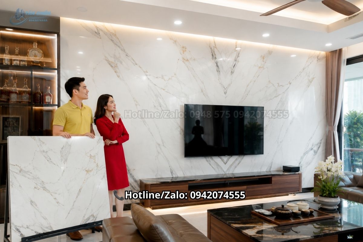 Đá Quartz vân Calacatta ốp tường phòng khách