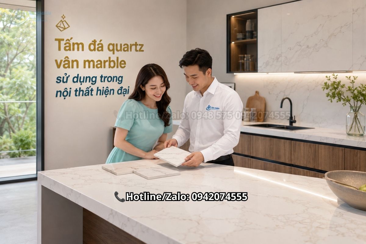Tấm đá quartz vân marble sử dụng trong nội thất hiện đại