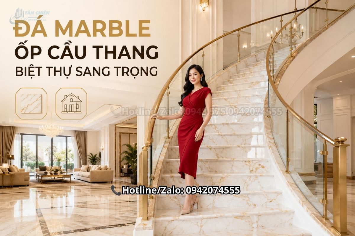 Đá marble ốp cầu thang biệt thự sang trọng