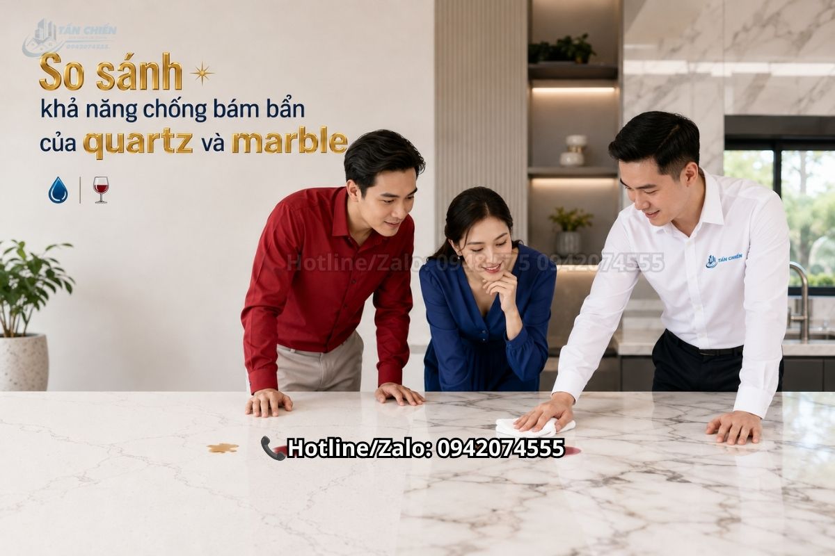 So sánh khả năng chống bám bẩn của quartz và marble