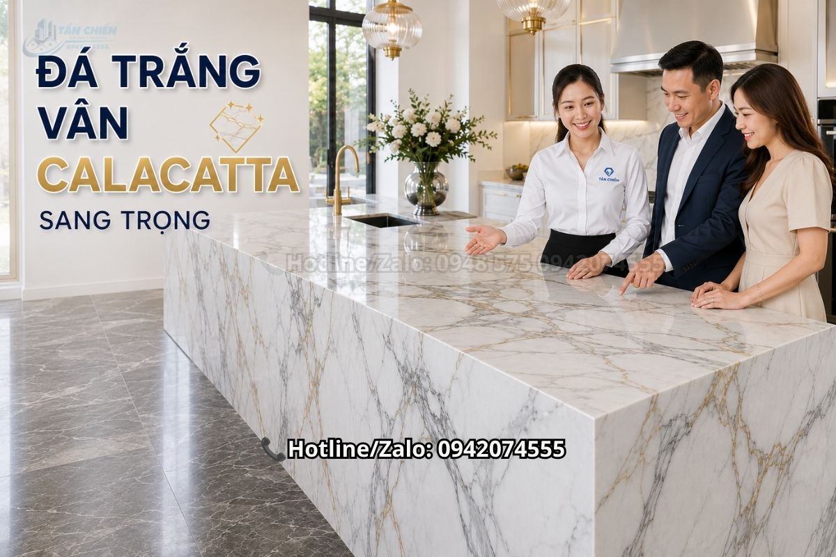 Đá bàn bếp màu trắng quartz vân mây hiện đại