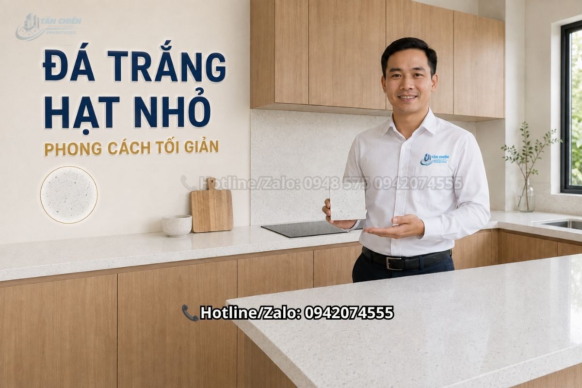 Mẫu đá bàn bếp màu trắng hạt nhỏ phong cách tối giản