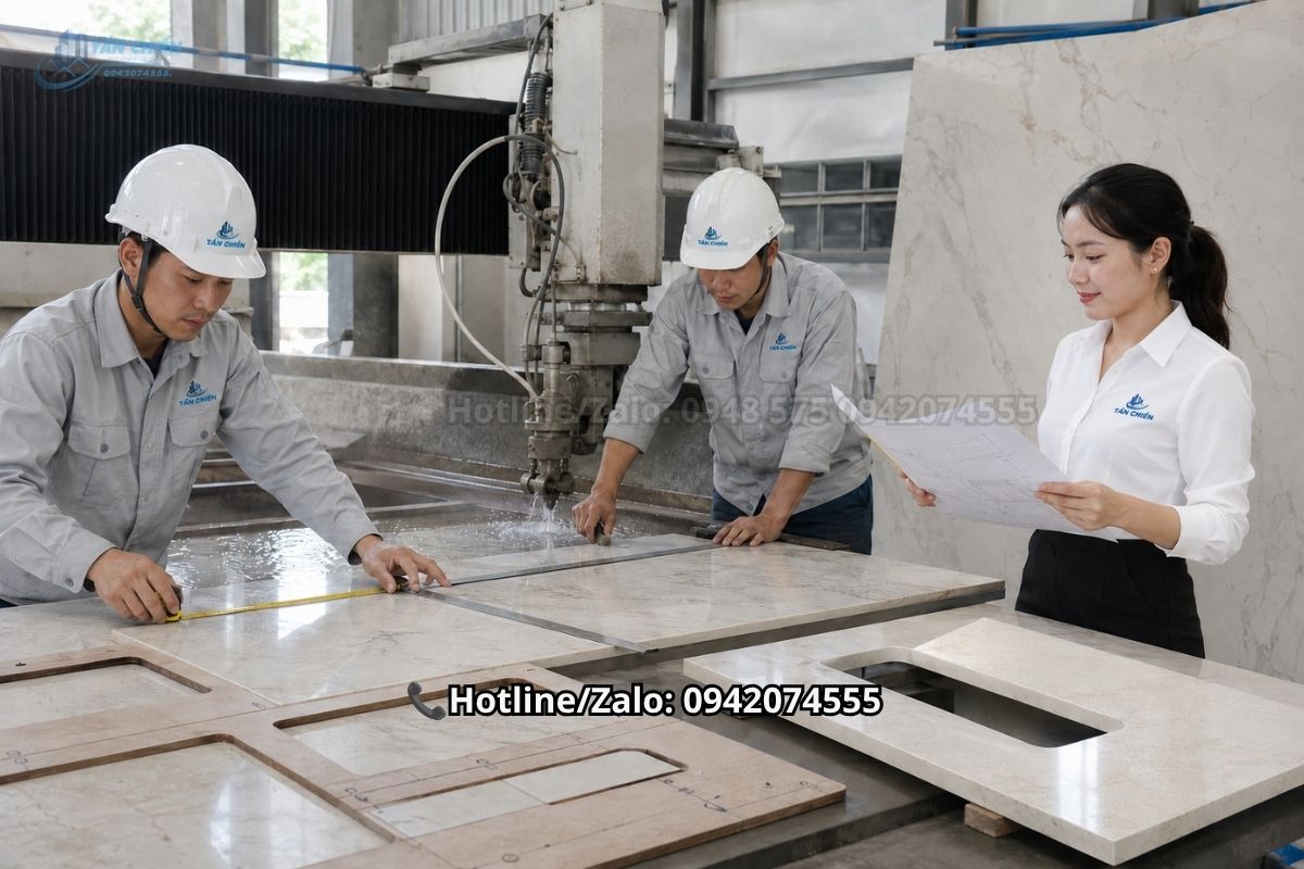 Gia công đá nung kết làm bàn bếp theo kích thước