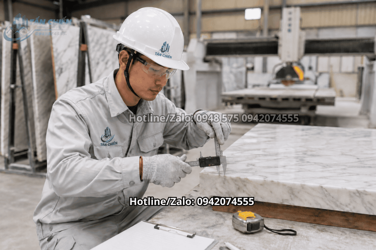 Đo đạc và kiểm tra độ dày tiêu chuẩn 18mm đến 20mm của phôi đá cầu thang trước khi cắt ghép