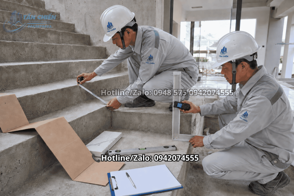 Chi tiết kỹ thuật cắt vát 45 độ và ghép mí chính xác tuyệt đối khi thi công đá ốp cầu thang