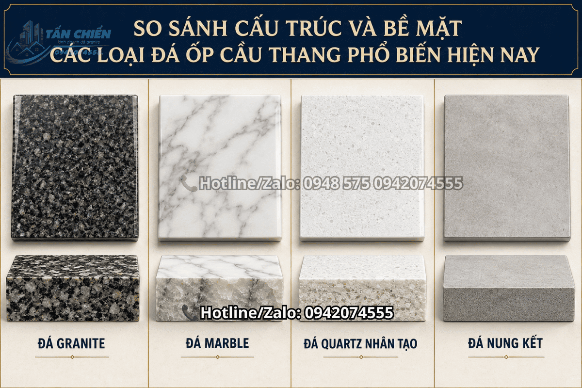 So sánh cấu trúc và bề mặt các loại đá ốp cầu thang phổ biến hiện nay
