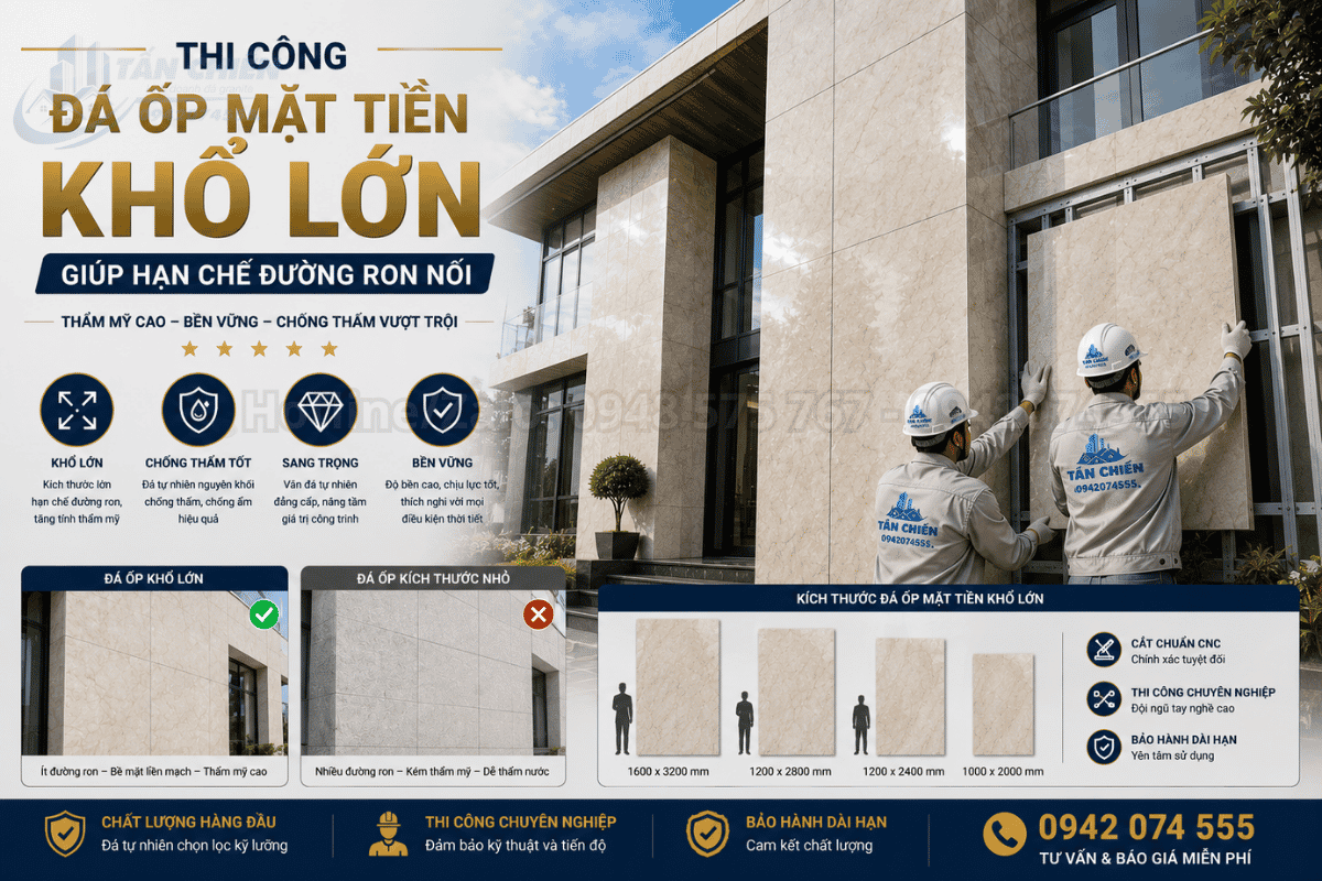 Thi công đá ốp mặt tiền khổ lớn giúp hạn chế đường ron nối