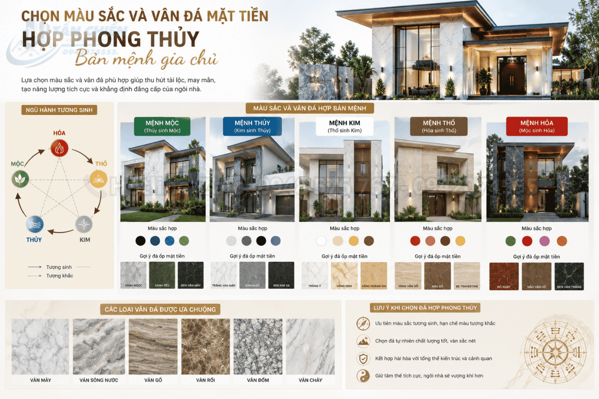Chọn màu sắc và vân đá mặt tiền hợp phong thủy bản mệnh gia chủ