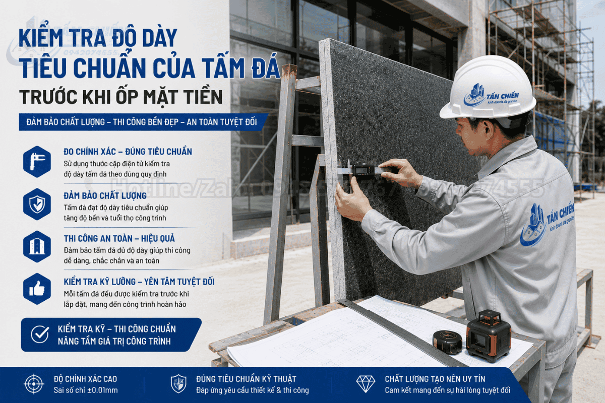 Kiểm tra độ dày tiêu chuẩn của tấm đá trước khi ốp mặt tiền