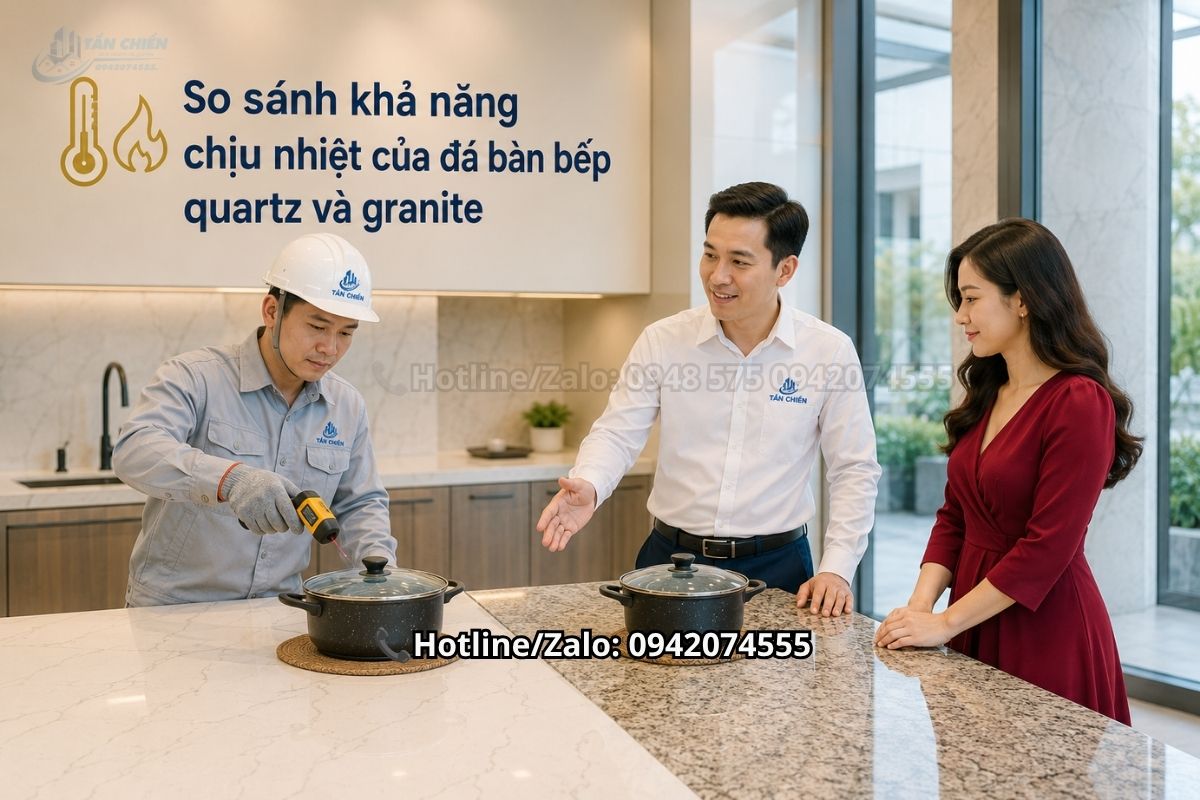 So sánh khả năng chịu nhiệt của đá bàn bếp quartz và granite