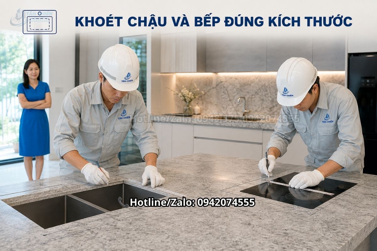 Khoét chậu và bếp theo kích thước mặt đá bếp