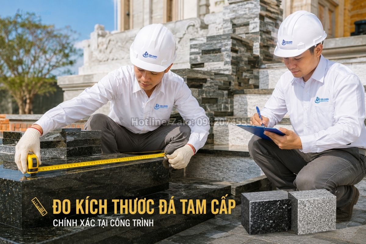 Đo kích thước đá tam cấp đen Kim Sa tại công trình