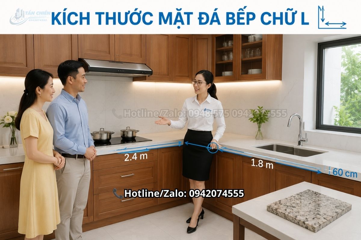 Kích thước mặt đá bếp chữ L phù hợp không gian