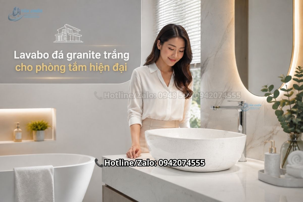 Lavabo đá granite trắng cho phòng tắm hiện đại