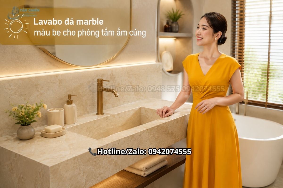 Lavabo đá marble màu be cho phòng tắm ấm cúng